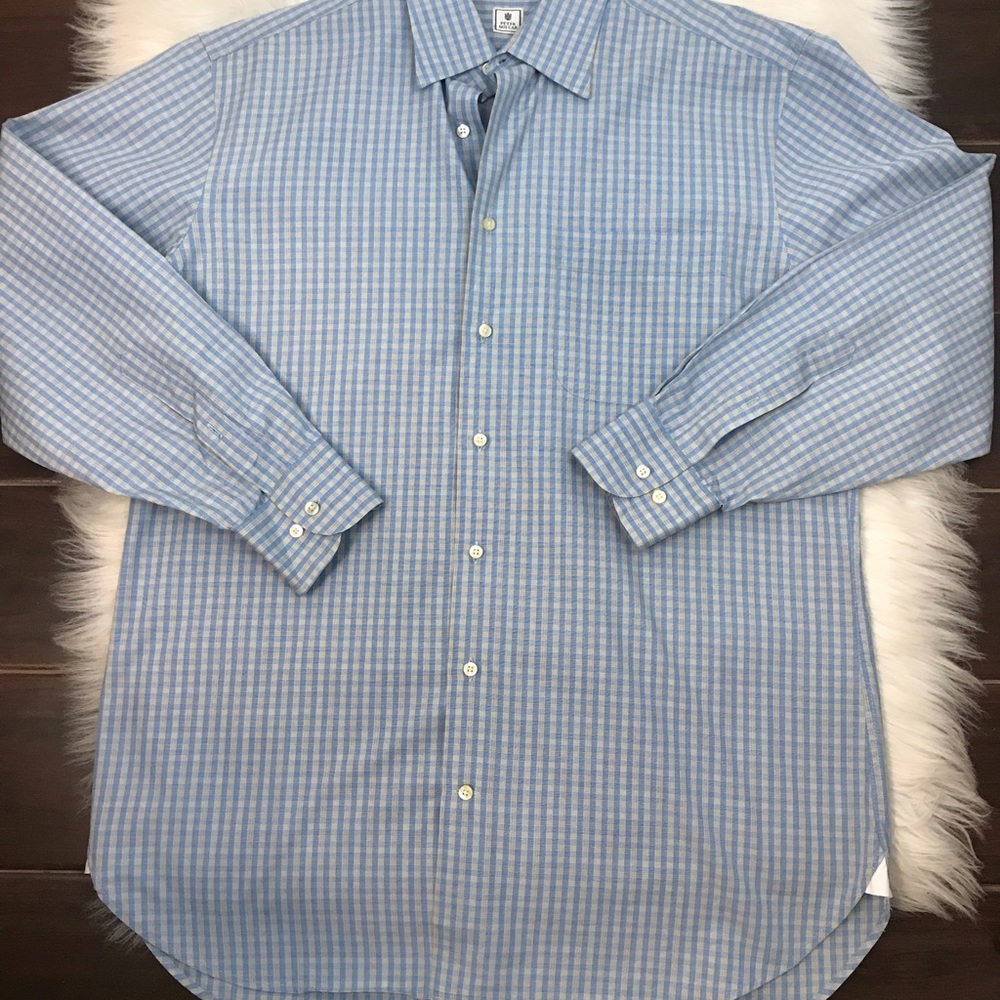 Peter Millar Mens Shirt Medium Blue Button Down Check Collared Cotton Pr…